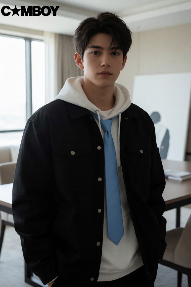 The image shows a boy wearing a black jacket over a white hoodie,  with a light blue tie visible underneath. The boy has s...