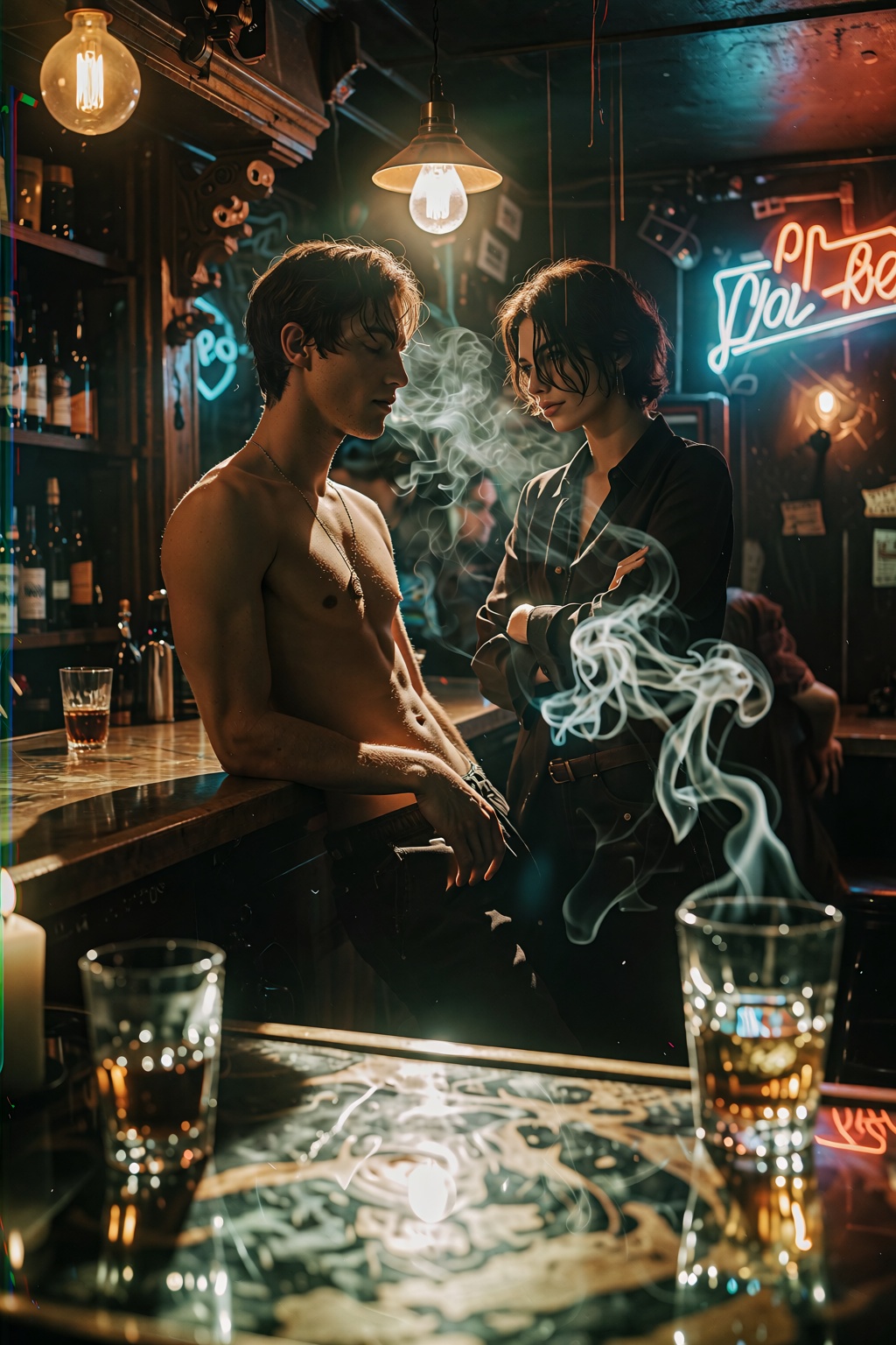 A cinematic still captures two striking figures in a dimly lit,  atmospheric bar,  their silhouettes framed by deep shadow...