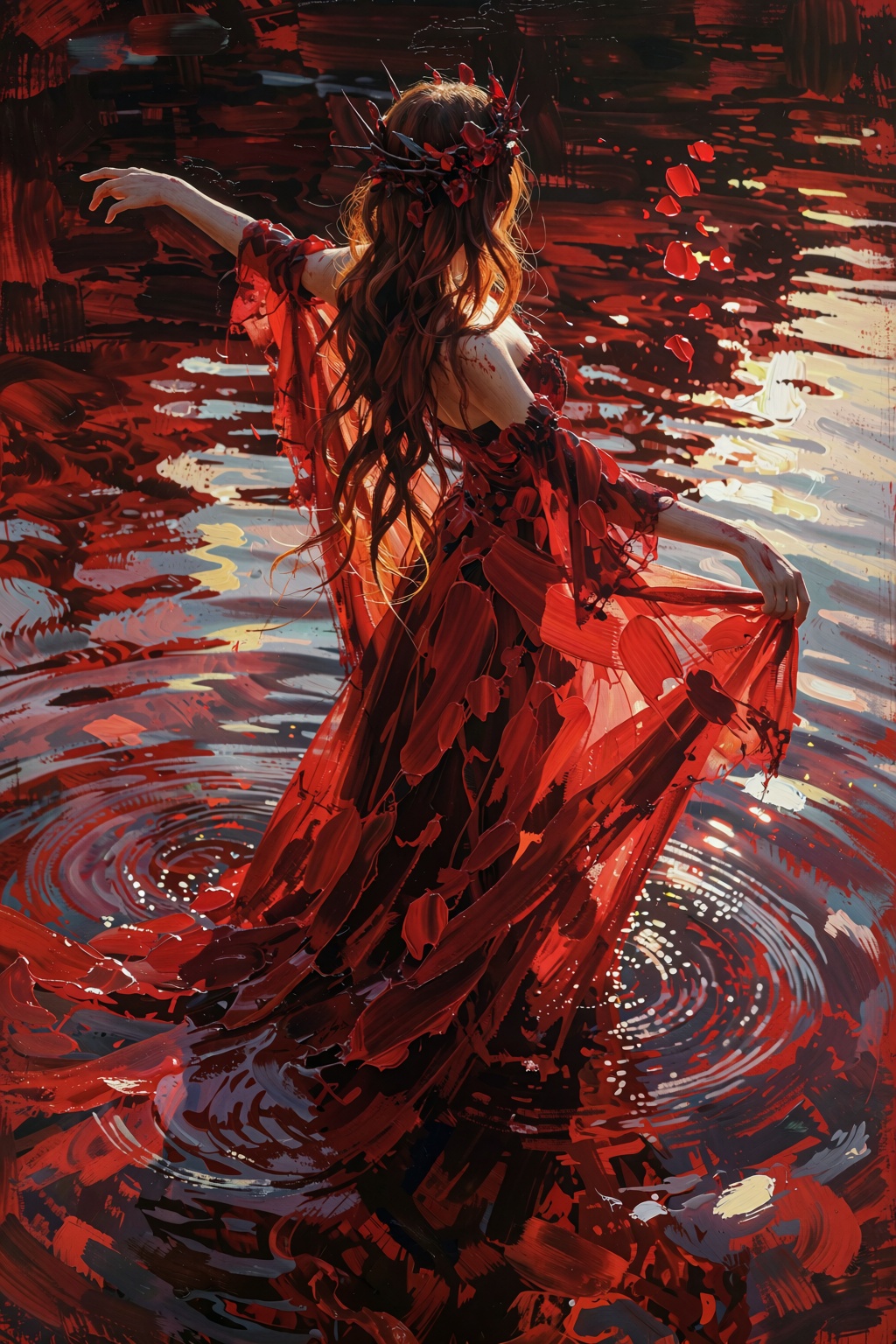 A figure performs a dance across the surface of a body of water rendered in deep/ rich layers of crimson pigment that shif...