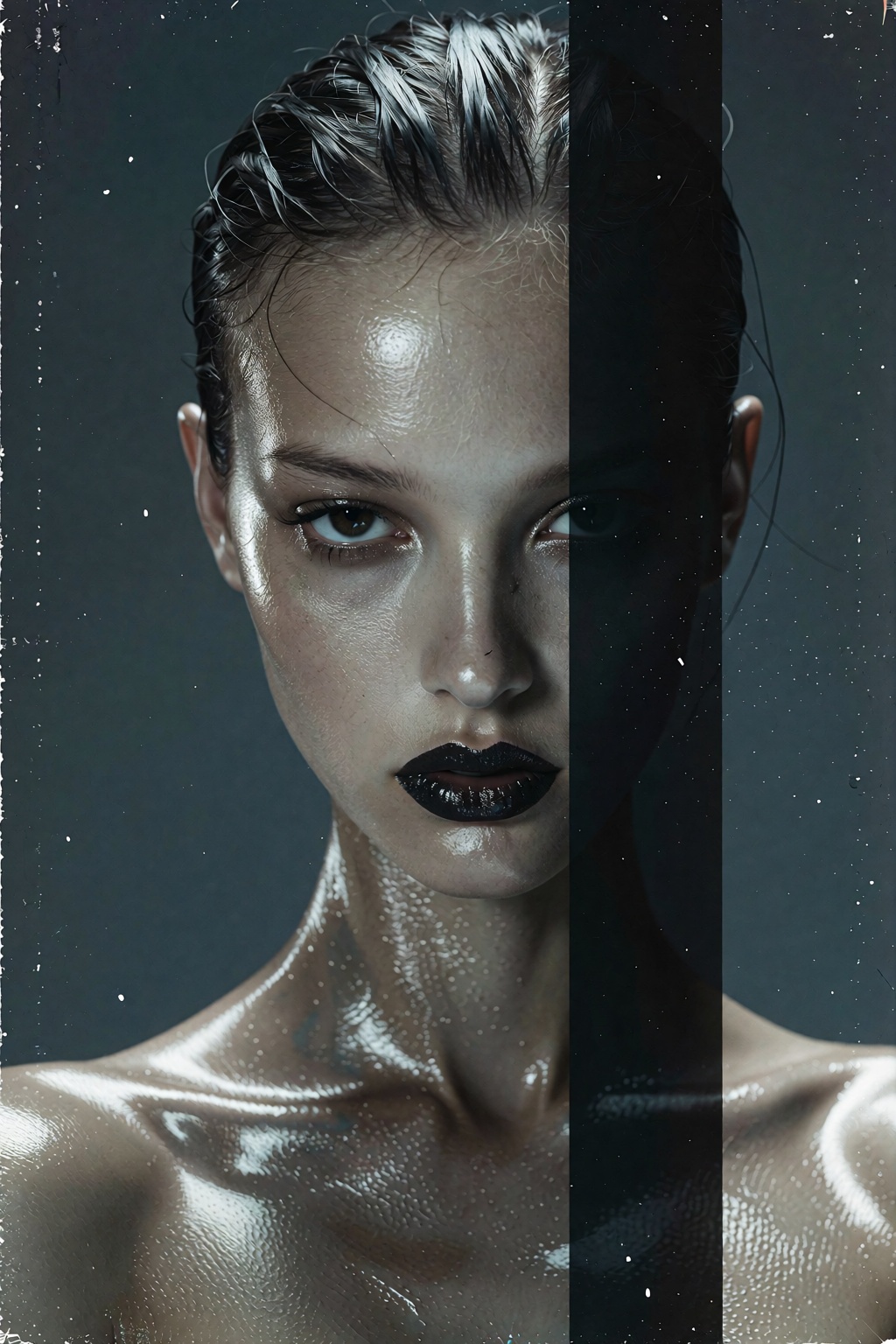 A striking cyber-noir graphic poster features a high-contrast close-up portrait of a woman with slicked-back hair staring...