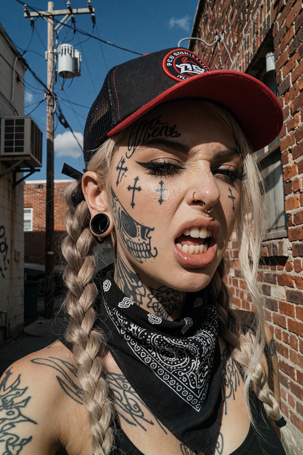 A raw smartphone candid photograph captures a close-up portrait of a badass young woman with an aggressive snarl,  her fac...