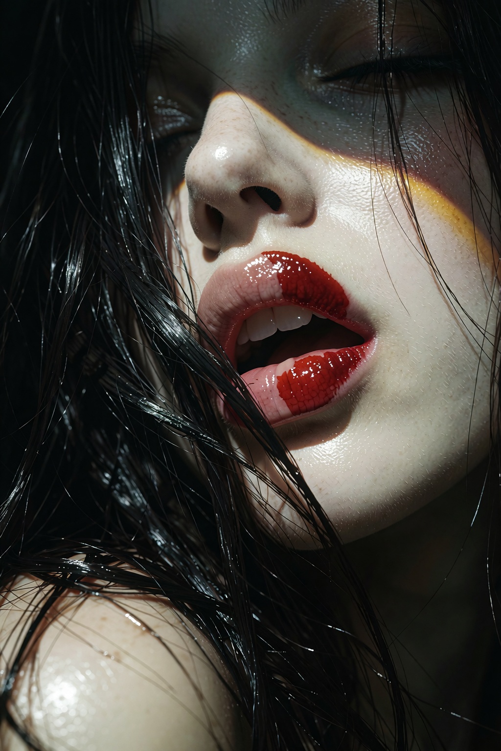 A woman's lips dominate the frame in a striking close-up,  her perfectly formed red mouth glistening with moist texture as...