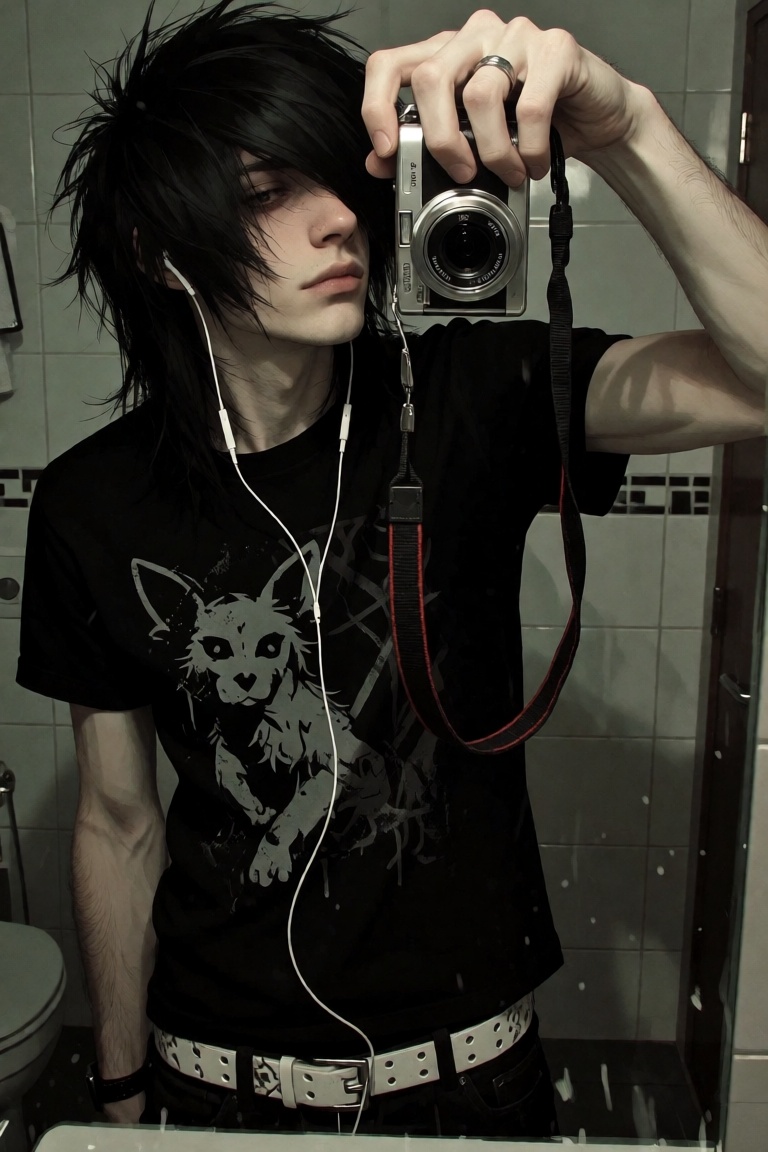 omyobe. Create an image of an emo boy taking a selfie in front of a mirror. He is wearing a black t-shirt and has long,  d...