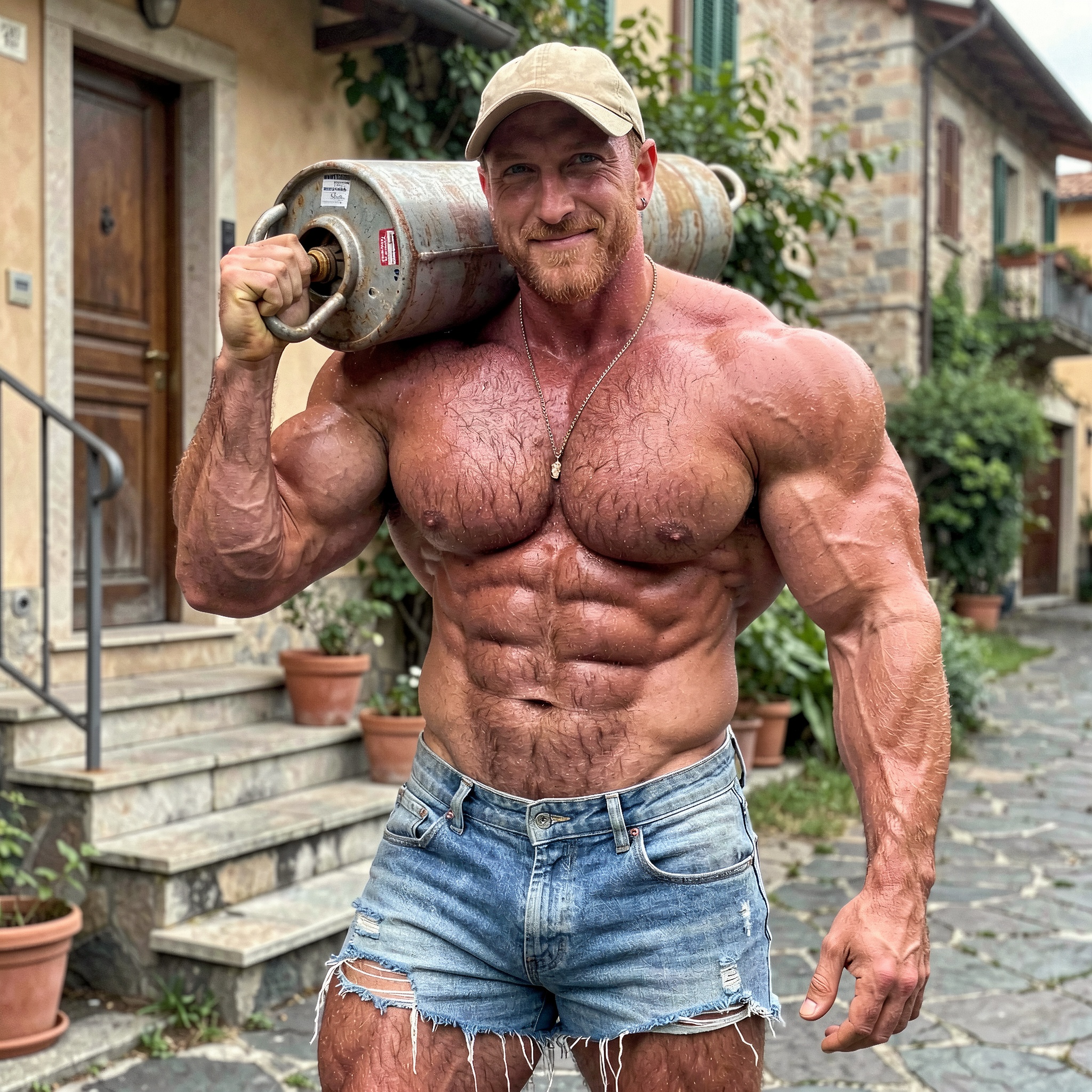 The image depicts a 30 year old muscular man,  chadhominem. He is a gasman holding a gas cylinder on his shoulder,  shirtl...