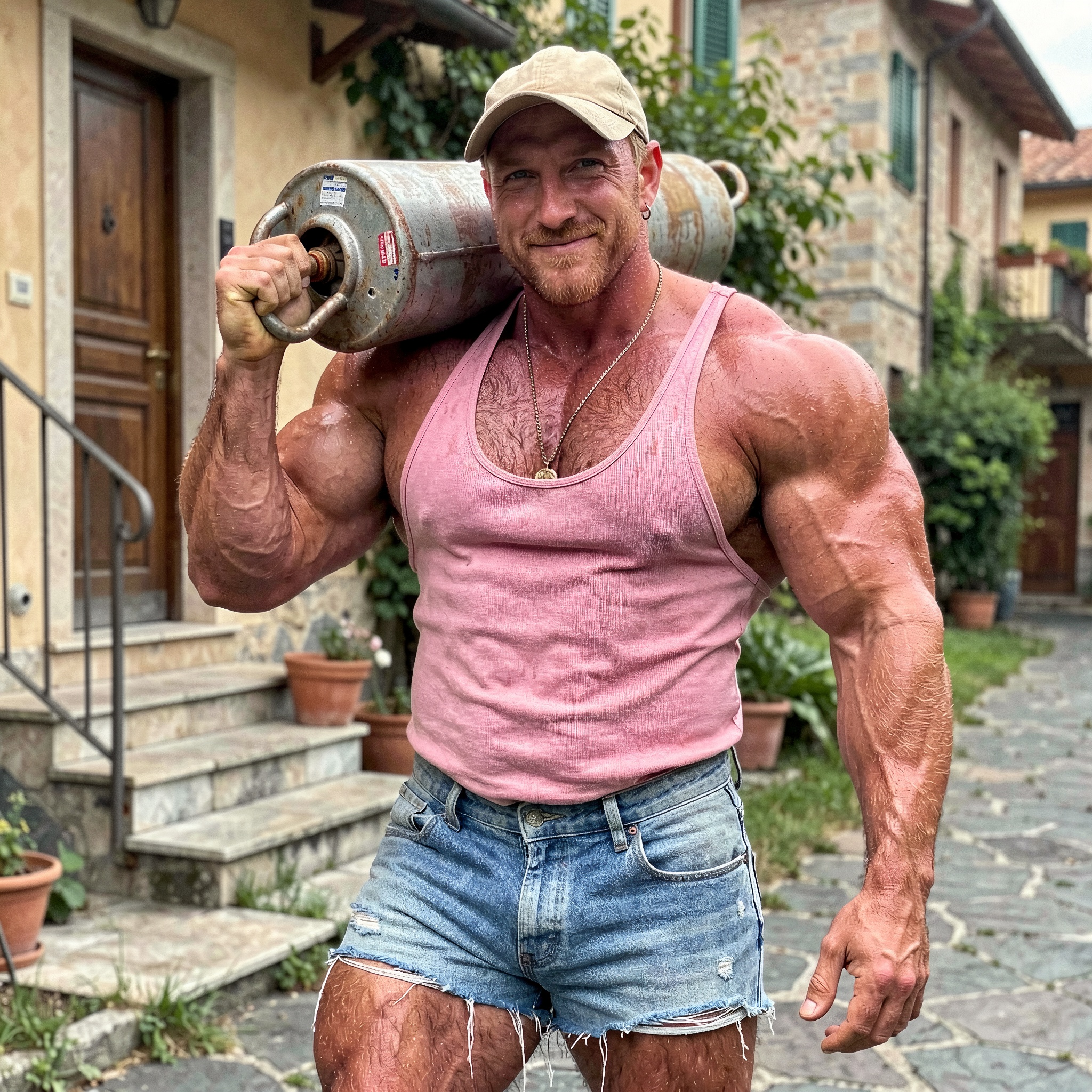 The image depicts a 30 year old muscular man,  chadhominem. He is a gasman holding a gas cylinder on his shoulder,  wearin...