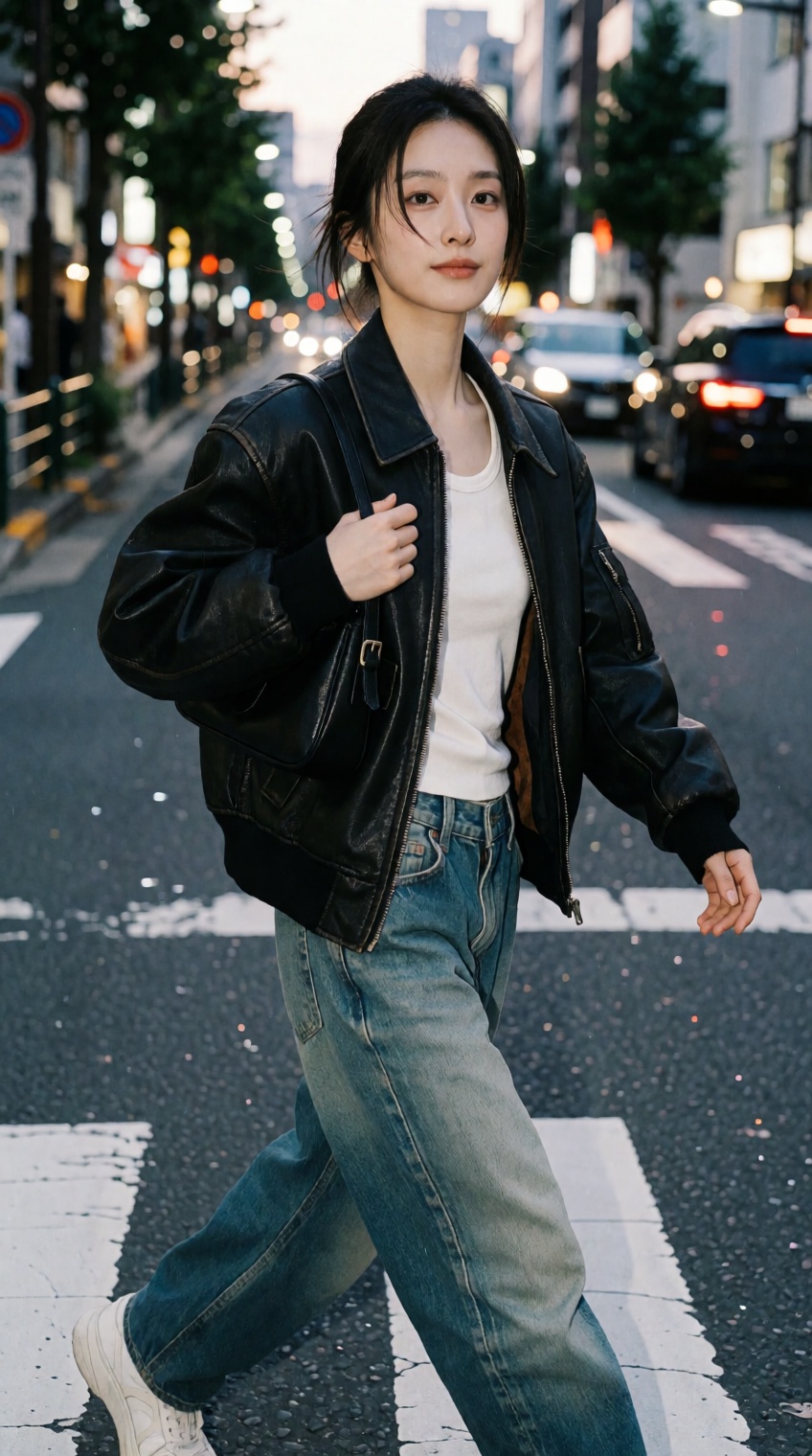A striking East Asian woman in her early twenties with naturally fair skin,  soft almond-shaped brown eyes,  straight dark...