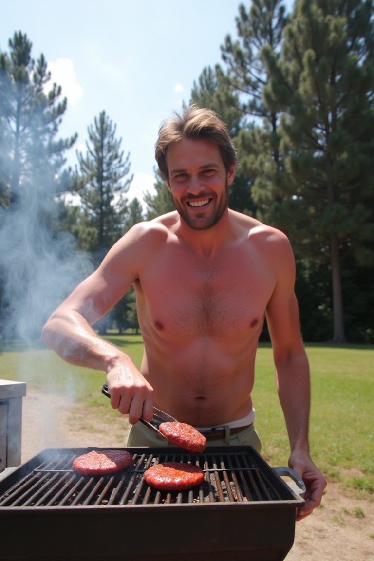 Medium shot of Dad at a campsite barbecue,  grinning mid-flip of a burger,  overexposed smoke billowing upward on Tensor.Art
