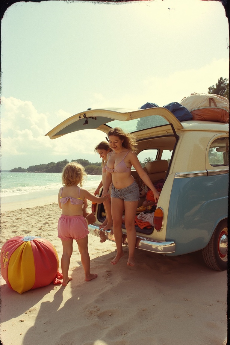 1970 polaroid image of A family stepping out of a packed car,  beach gear spilling everywhere,  harsh midday sun on Tensor...