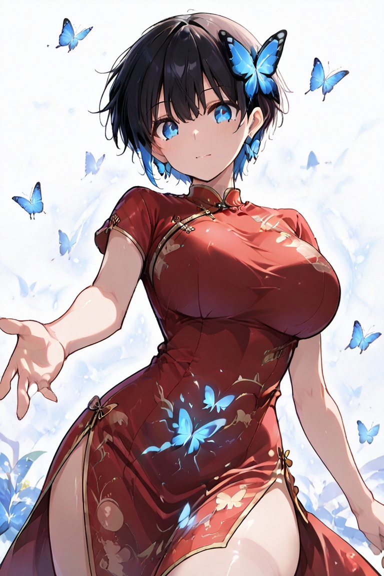 Cheongsam long dress,  Glowing effect,  butterfly hair ornament on Tensor.Art