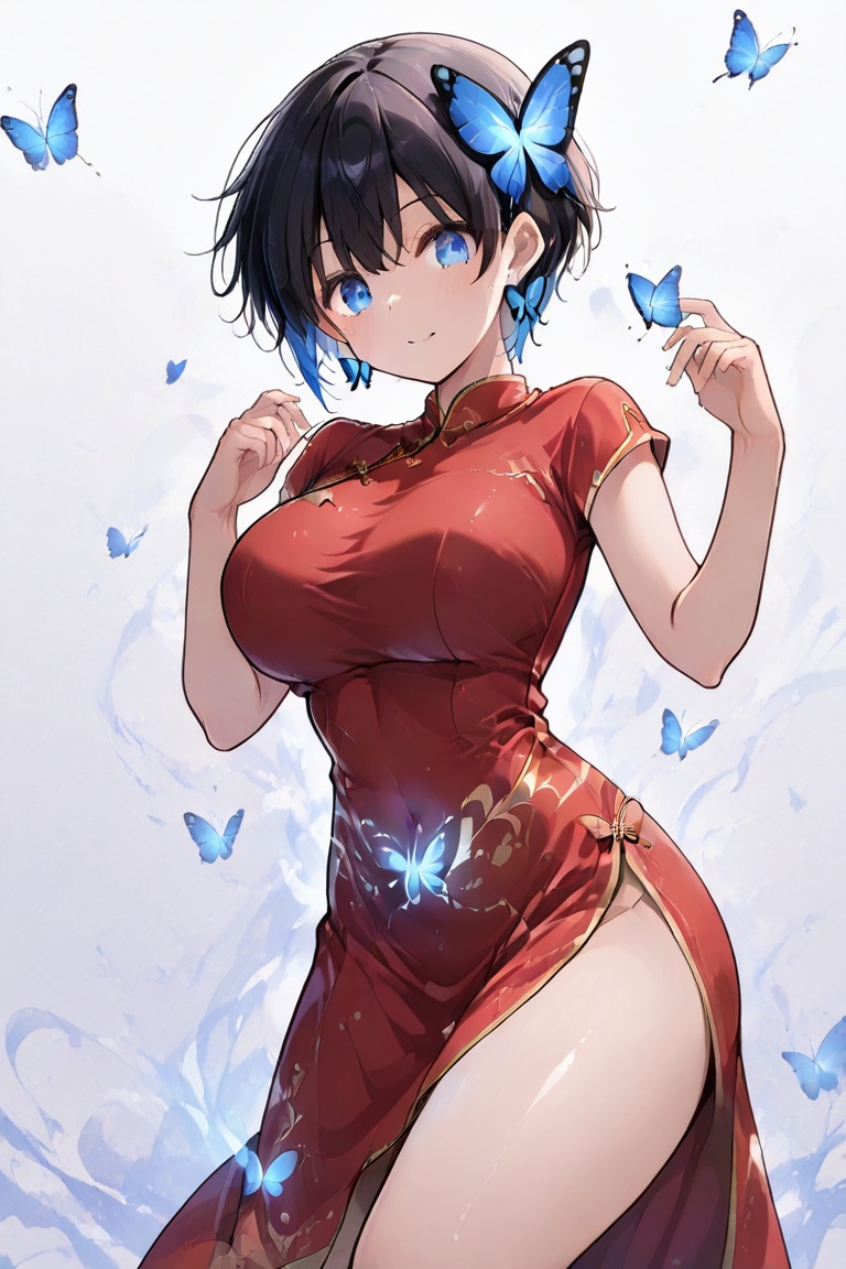 Cheongsam long dress,  Glowing effect,  butterfly hair ornament on Tensor.Art