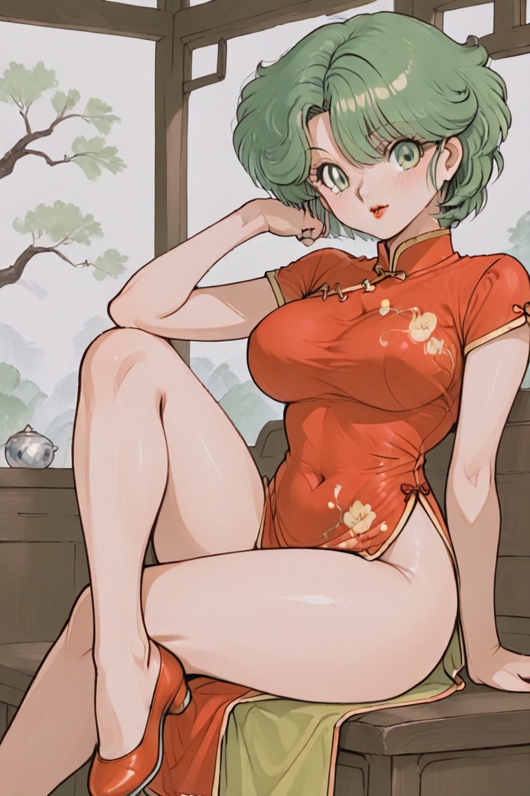 (whole body Beautiful legs from head to toe.) Cheongsam long dress,  Beautiful eyes,  long eyelashes on Tensor.Art