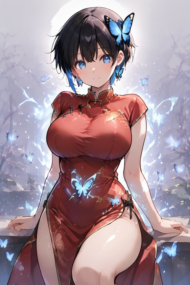 Cheongsam long dress,  Glowing effect,  butterfly hair ornament on Tensor.Art