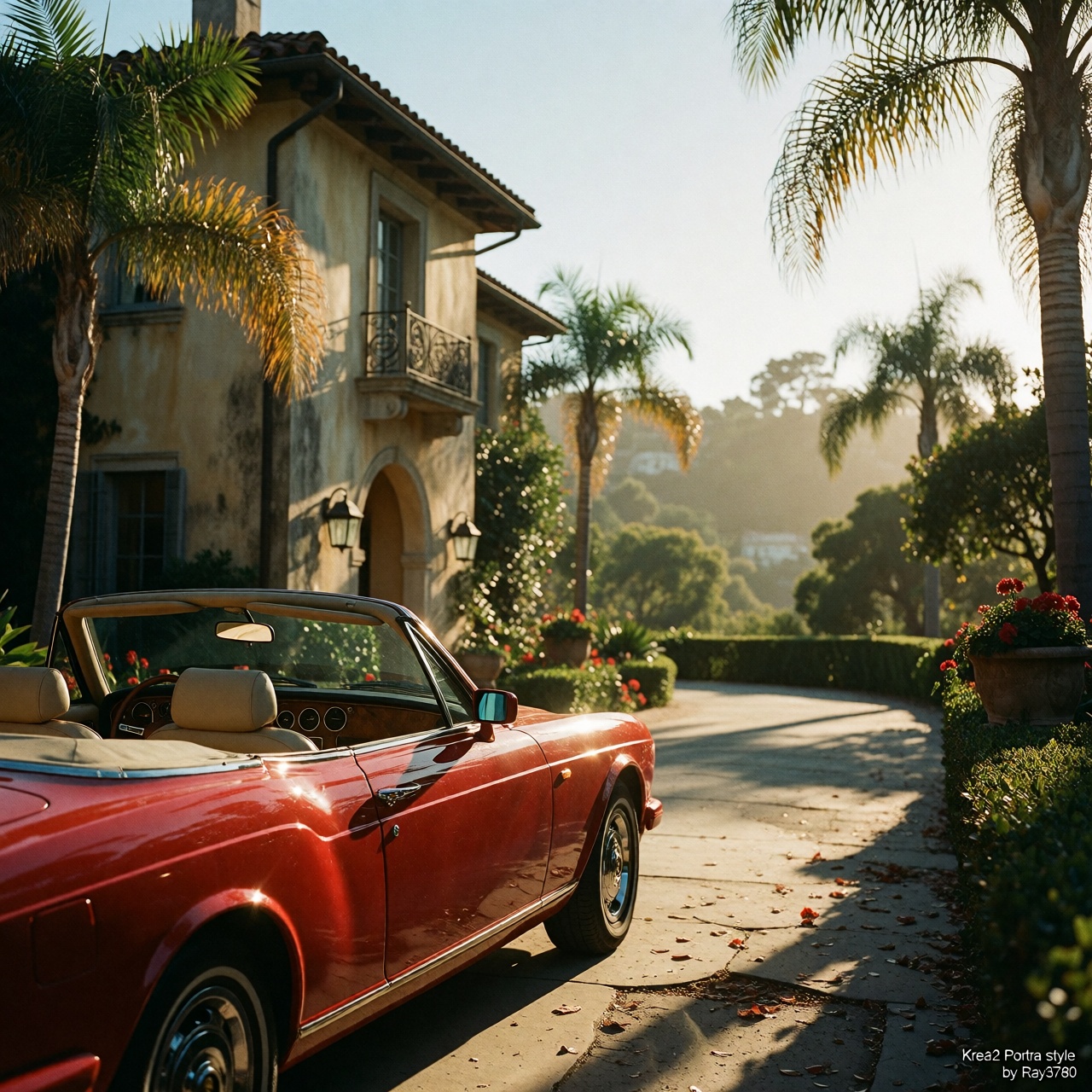 A third-person cinematic shot captures a red Bentley convertible luxury sports car parked prominently in the foreground,...