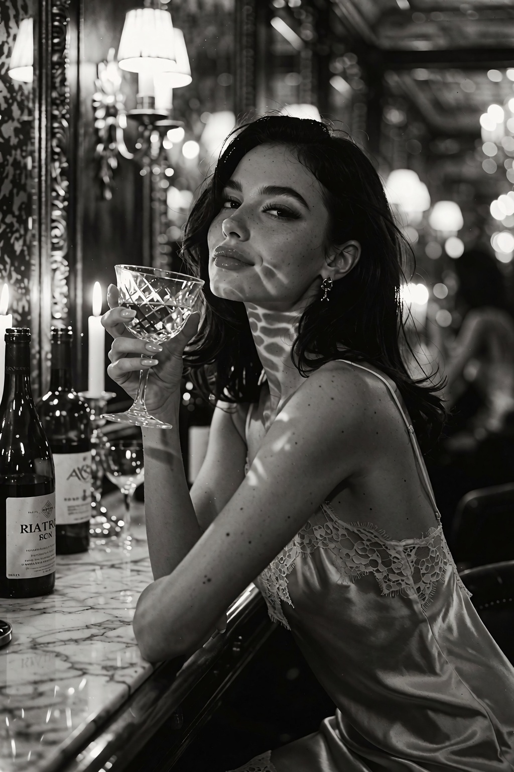 An elegant evening portrait captures a confident woman in her 20s with porcelain skin and sleek raven hair,  seated at a m...