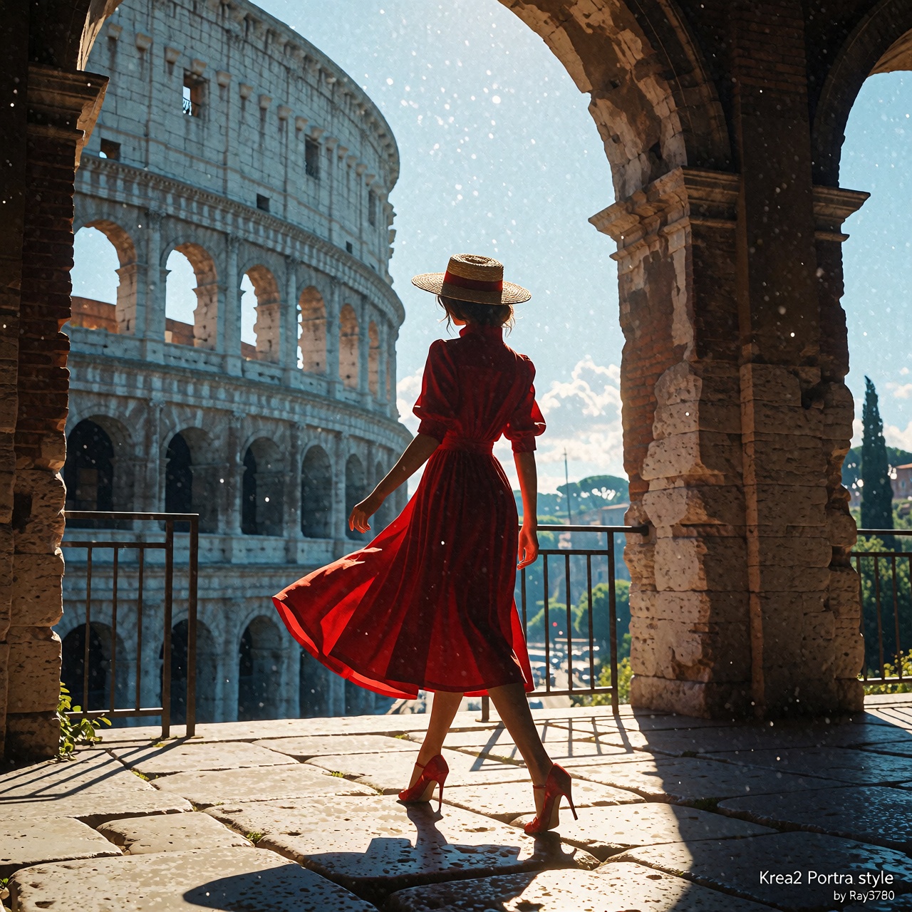 A cinematic still captures a woman in red walking through Rome,  her back turned to the camera with an elegant pose. She w...