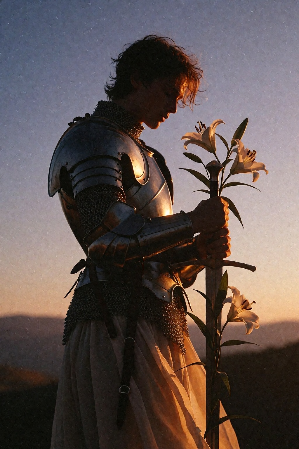 A cinematic film photography captures a knight standing still in a quiet moment,  the scene bathed in warm amber light fro...