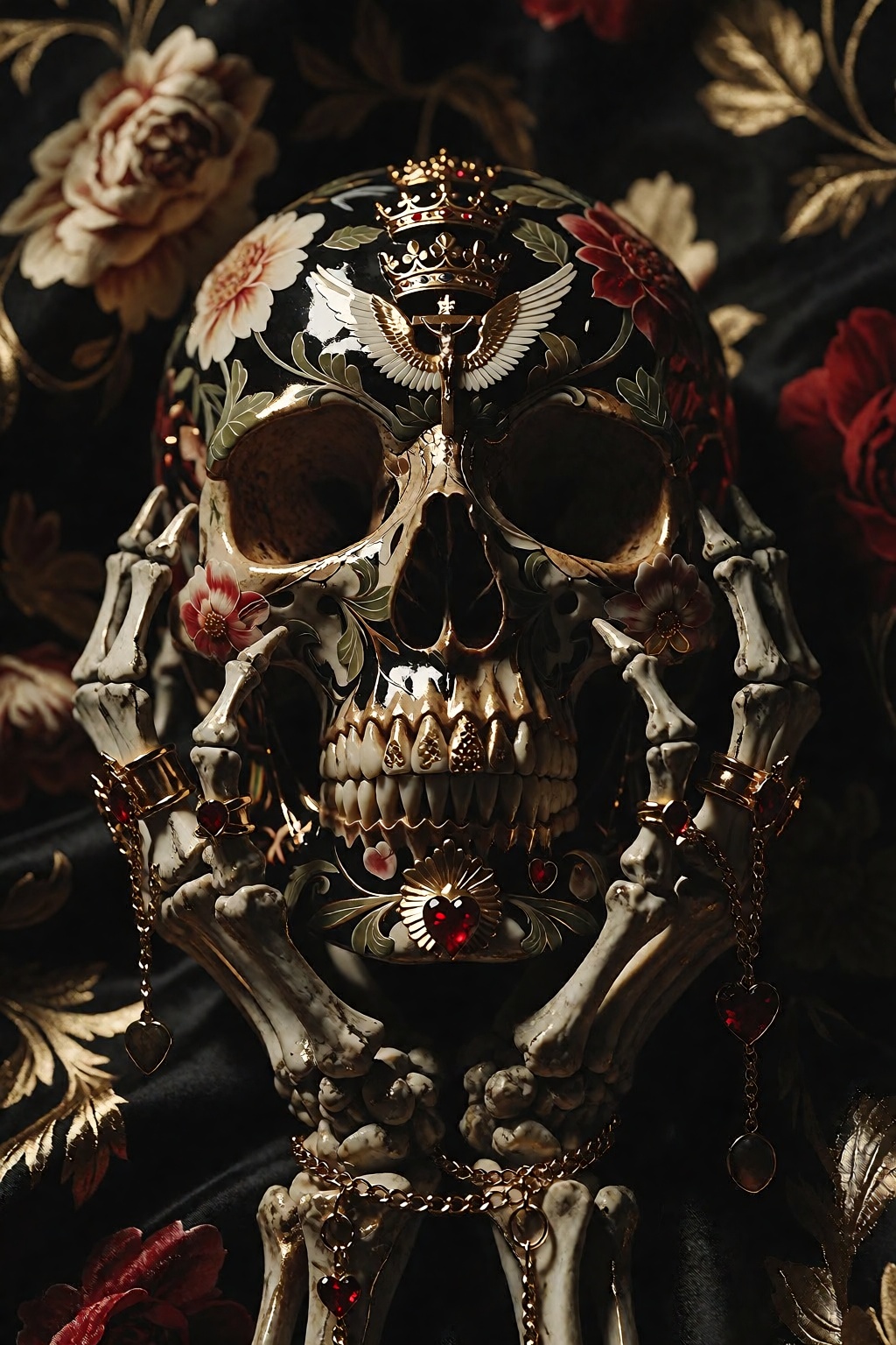 An ultra-detailed dark baroque portrait captures a human skull draped in ornate floral and heraldic patterns,  rendered wi...