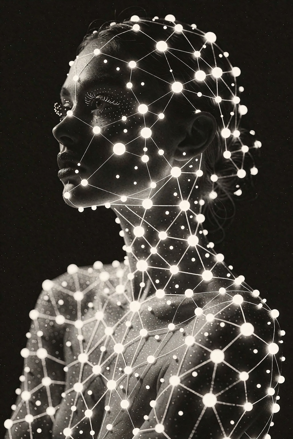 A monochromatic,  high-contrast profile portrait captures a woman in film photography style with rich vintage aesthetic,...