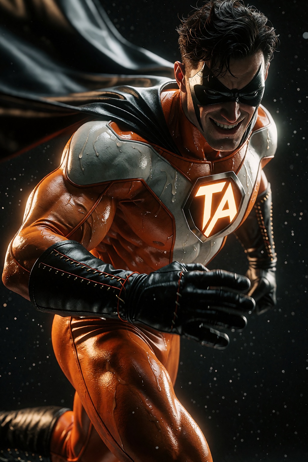 A cinematic film photography portrait captures a muscular superhero in mid-stride,  his upper body framed with perfect ana...