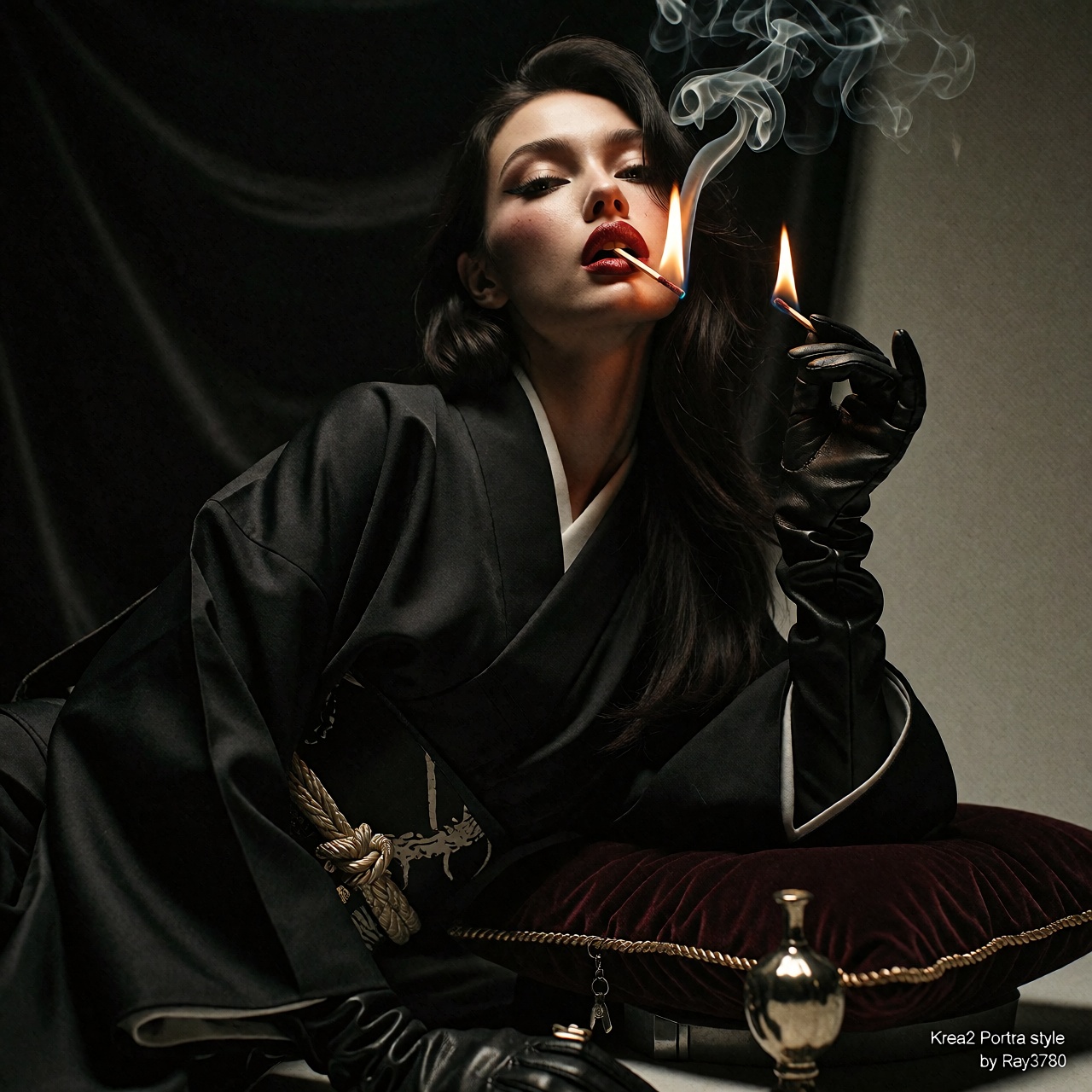 A darkly styled film photograph captures a high-fashion noir aesthetic with rich vintage grain and deep shadows,  focusing...