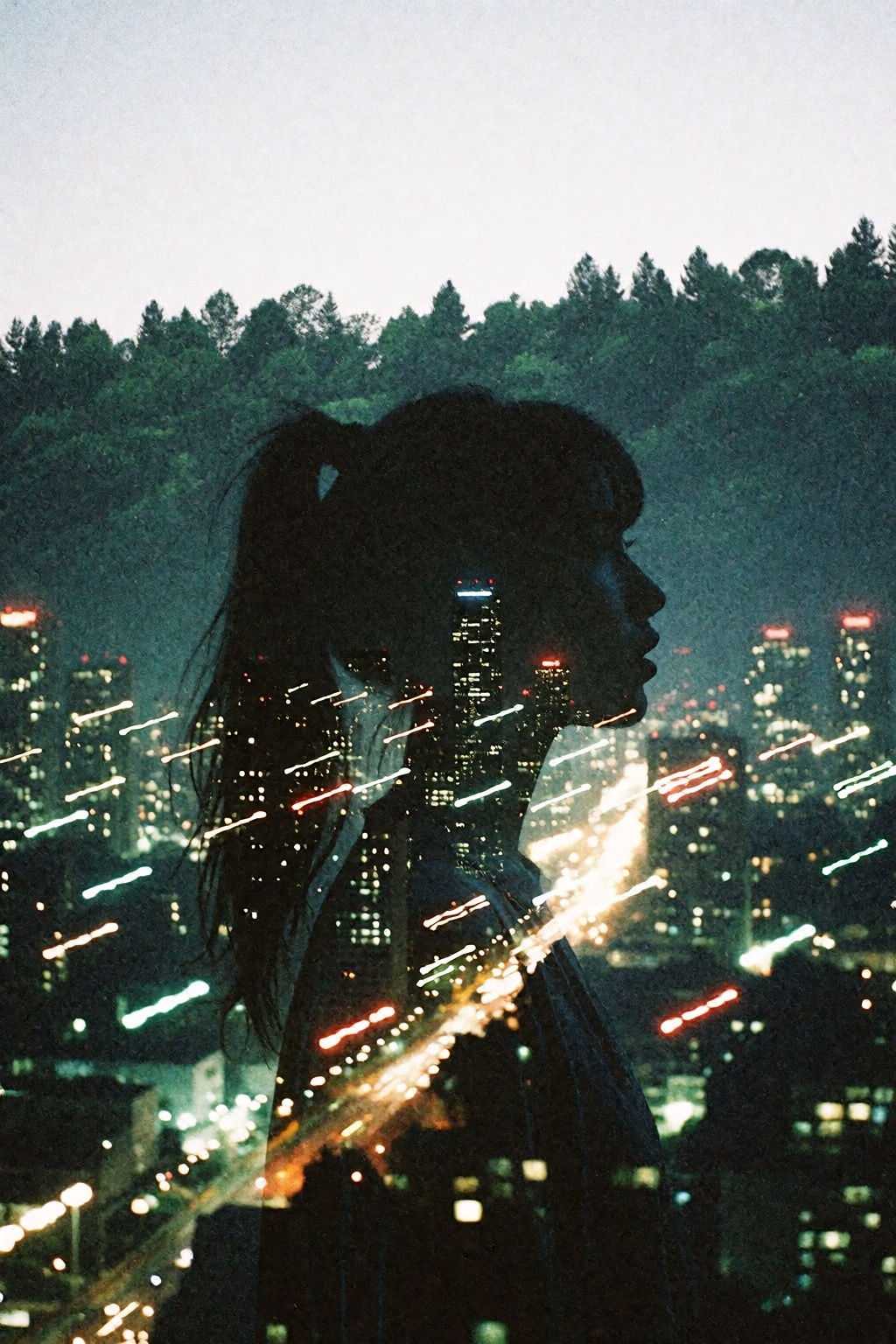 Analog double-exposure photography,  experimental film style. A dark silhouette of a young woman with a high ponytail,  fa...