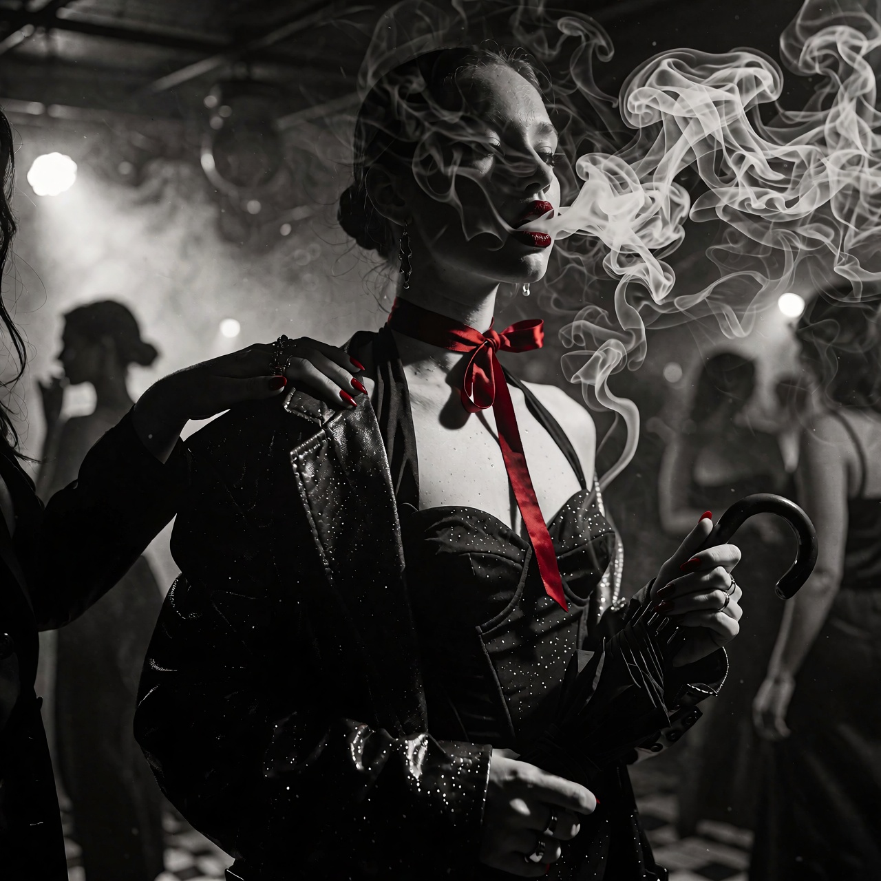 A photorealistic photograph rendered in grainy black-and-white film stock with bold red accents captures a woman standing...