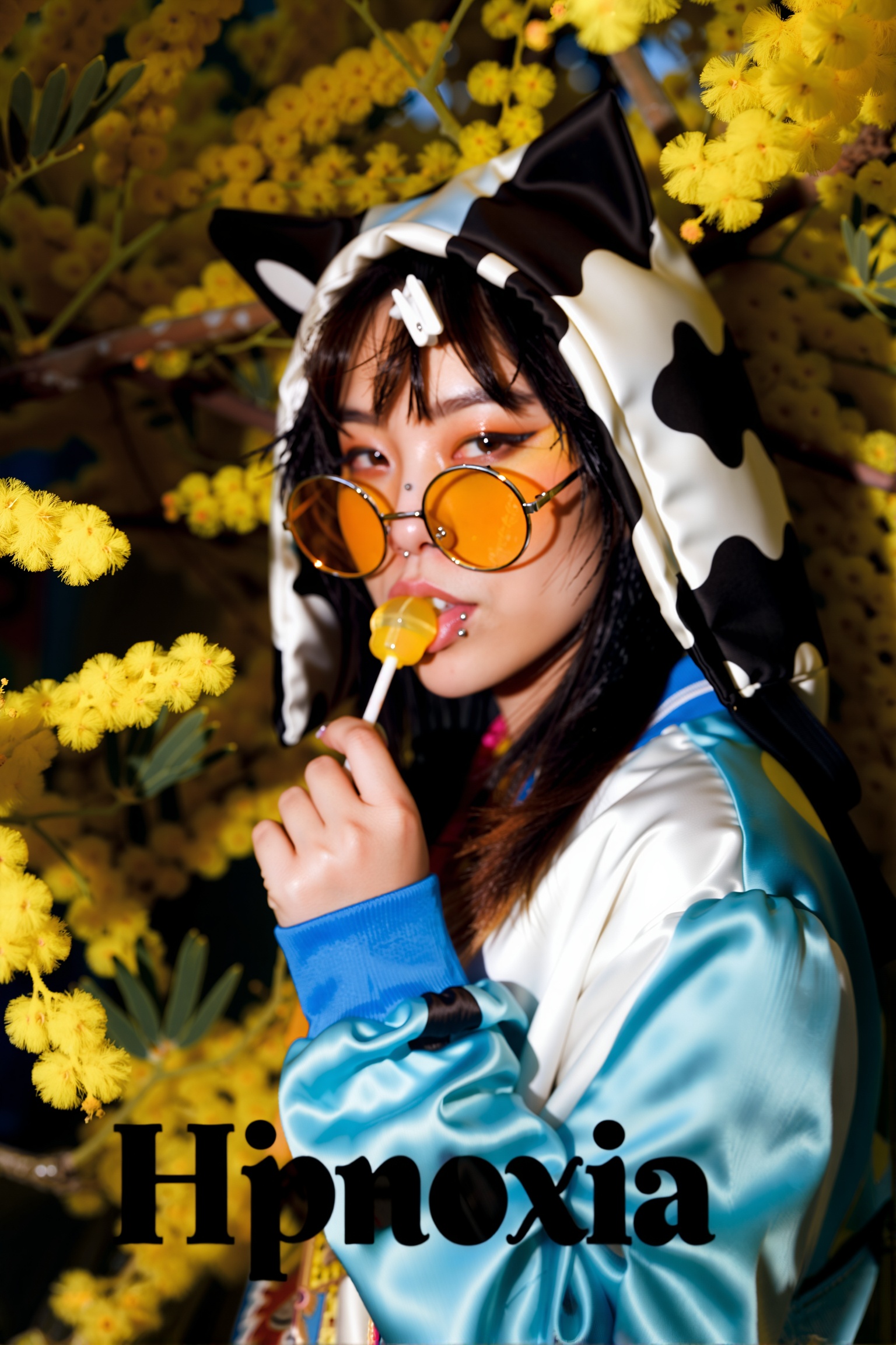 Poster style,  close-up dramatic portrait of a stylish young Asian woman peeking through dense branches of blooming bright...