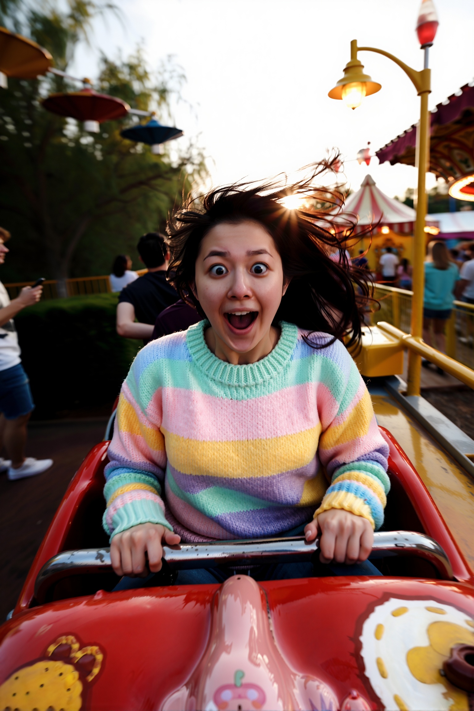 A hyper-realistic,  wide-angle first-person POV shot from the front car of a roller coaster,  capturing a young 25-year-ol...