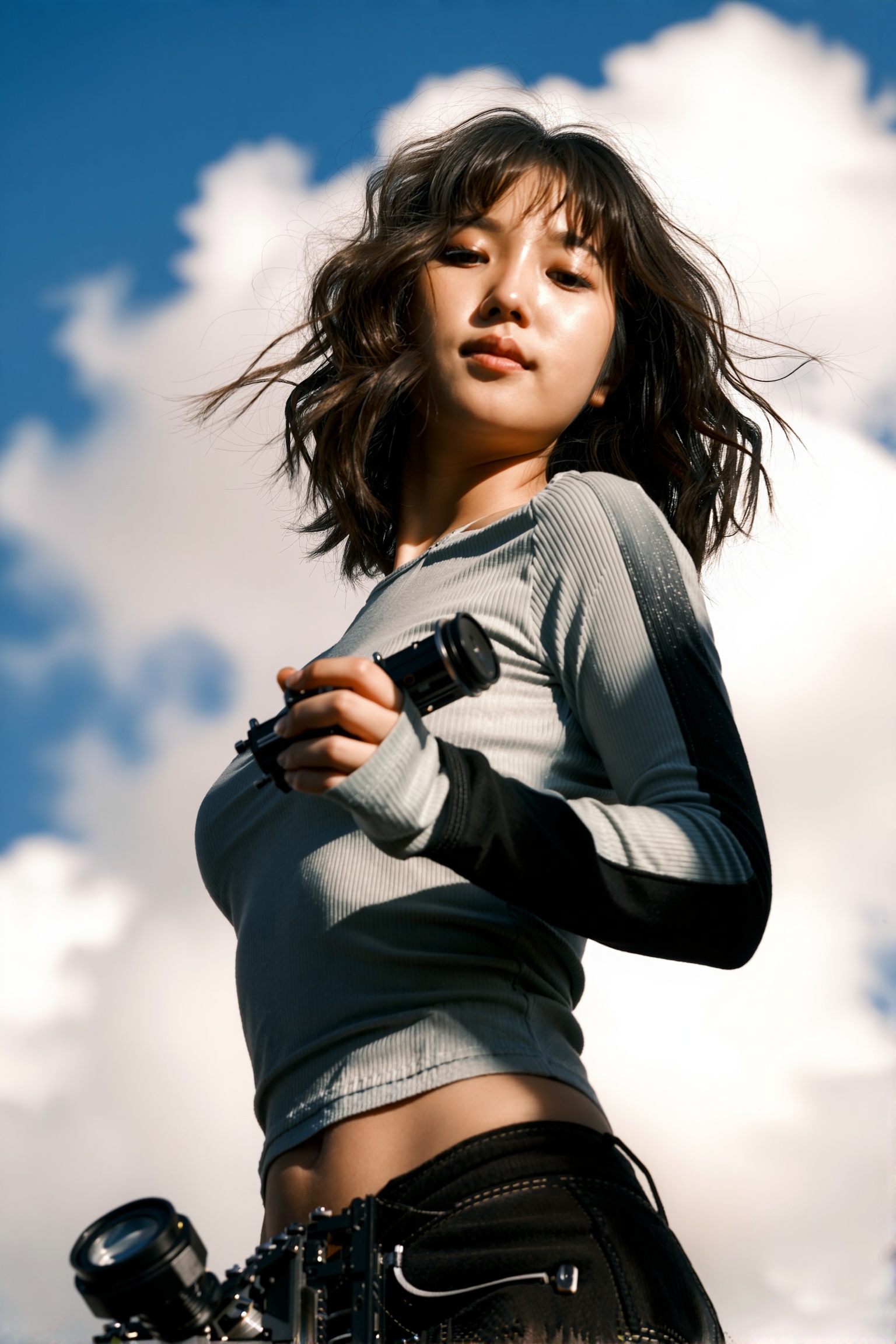 Low-angle dramatic portrait of a young Asian woman looking down at the camera with a calm,  alluring expression. She has s...