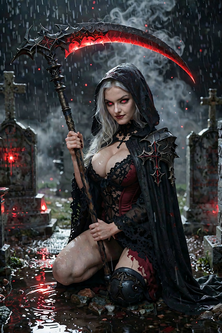 An ultra-extensive,  hyper-detailed live-action cinematic movie still of a powerful female gothic grim reaper character. S...