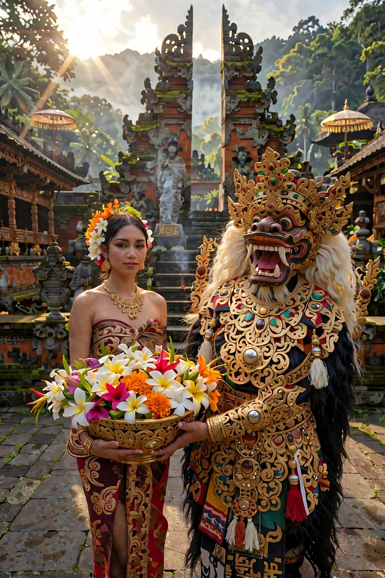 A breathtaking young Balinese woman gracefully walking through the sacred courtyard of an ancient Balinese temple,  carryi...