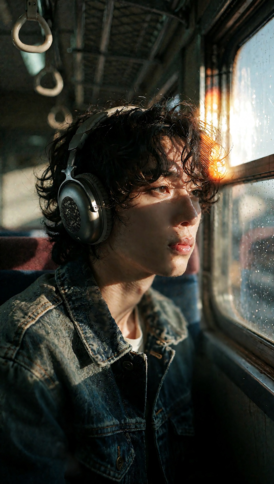 A highly detailed 35mm cinematic film still of a young Asian man with messy curly hair,  sitting on a vintage Japanese tra...