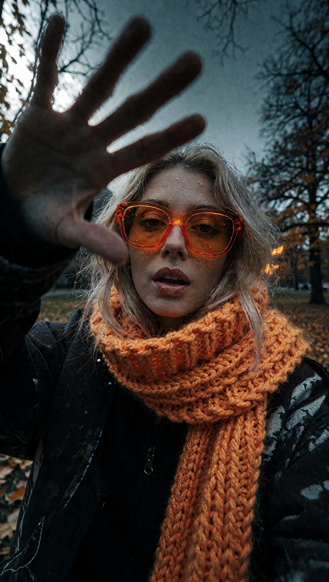 An intense,  low-angle cinematic film poster. A blonde woman with an editorial look stares directly through vibrant transp...
