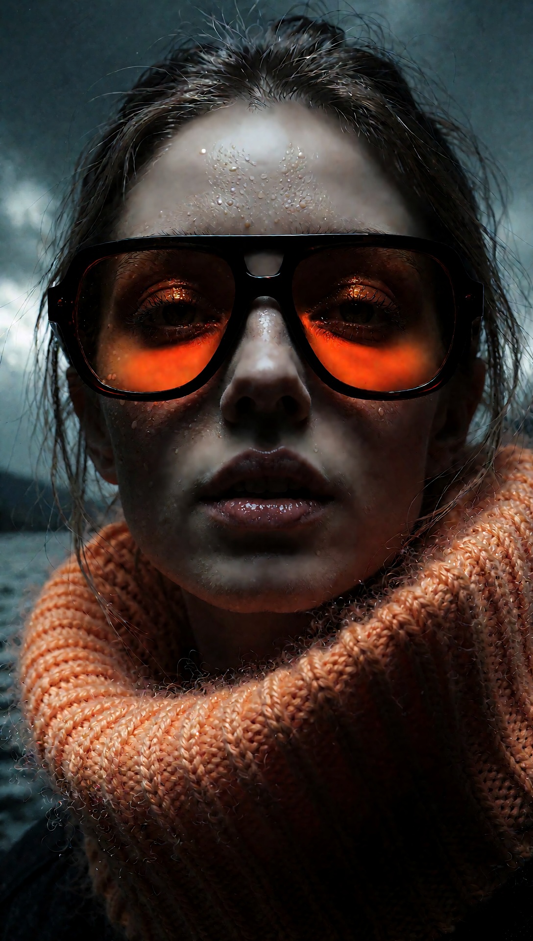 A professional cinematic movie poster composition. A close-up shot of a mysterious woman looking forward,  wearing oversiz...