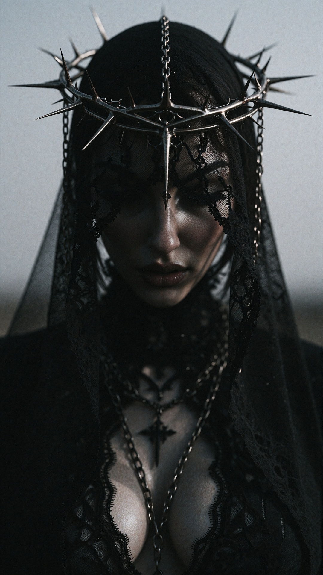 A grainy,  cinematic image of a solemn gothic figure wearing a black veil,  dressed in black robes. A crown of sharp thorn...