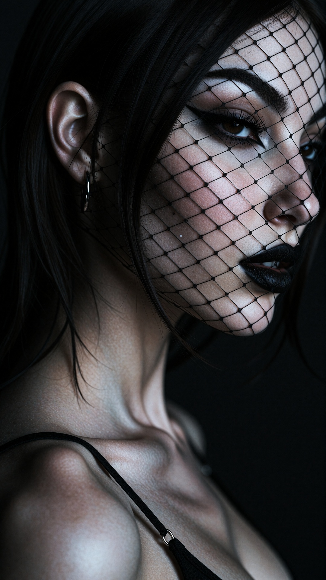 This is a high-fashion portrait with dark,  mysterious and cold atmosphere. A young woman in three-quarter profile faces t...