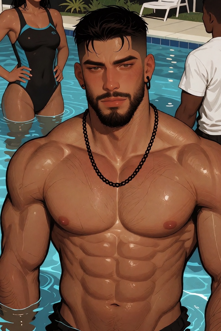 The image shows a man with dark hair and a neatly groomed beard,  standing in a pool. He is wearing a black chain necklace...