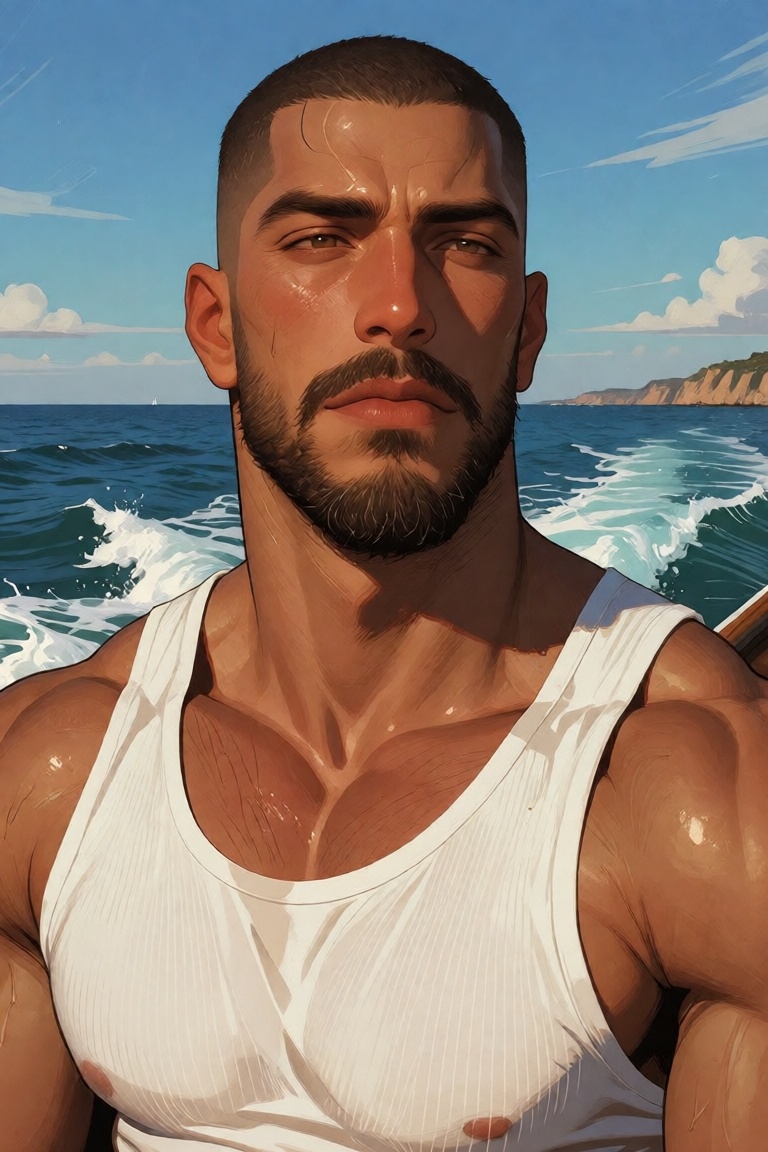 A sun-drenched,  cinematic portrait of a strikingly handsome man captured in a moment of quiet contemplation aboard a spee...