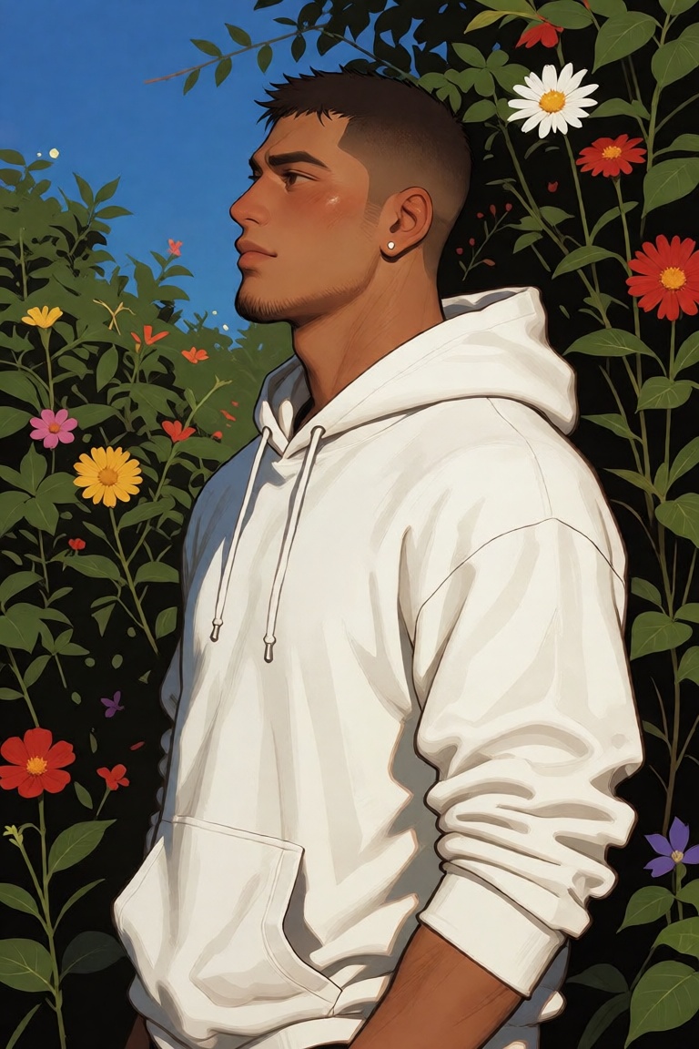 The image shows a man wearing a white hoodie standing outdoors. The background is filled with lush greenery and colorful f...