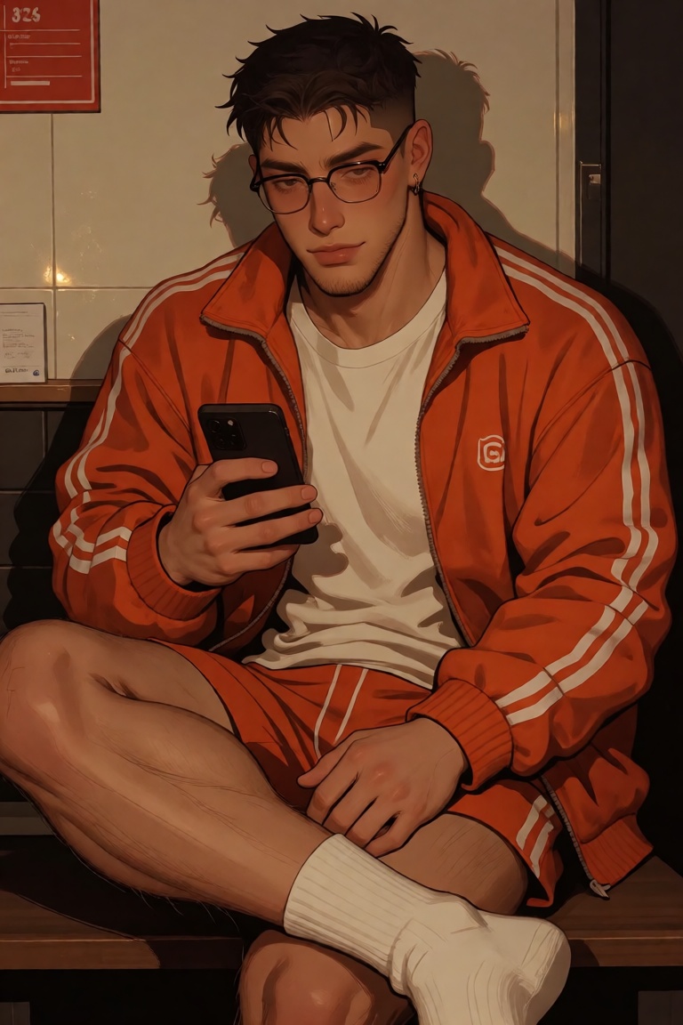 The image depicts a young man sitting in what appears to be a dimly lit room. He is wearing a bright orange jacket with wh...