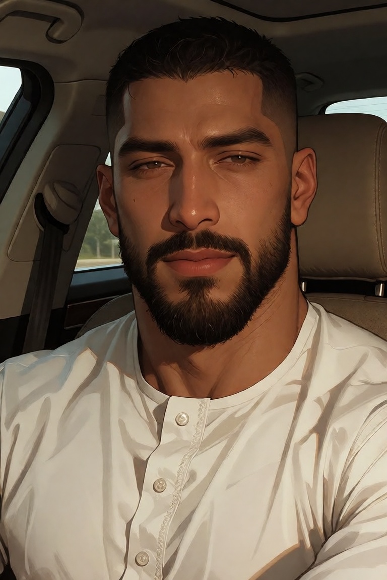 A striking close-up portrait of a man seated inside a luxury vehicle,  captured with cinematic intimacy and profound emoti...