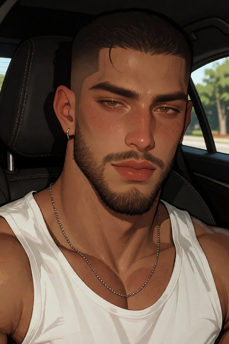 A striking close-up portrait of a young man seated in the driver’s seat of a luxury car,  captured with intimate cinematic...