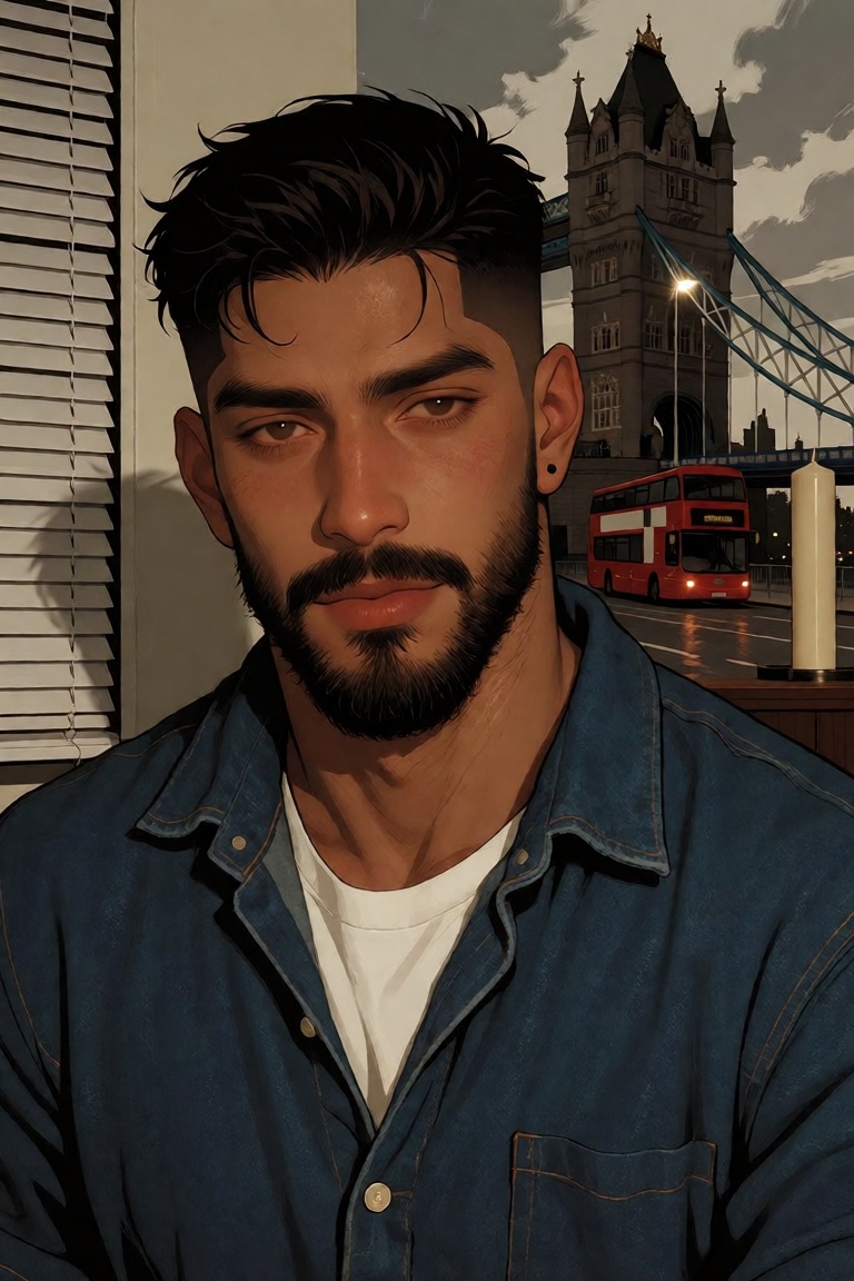 A striking portrait of a young South Asian man,  captured in intimate cinematic close-up,  his gaze steady and contemplati...