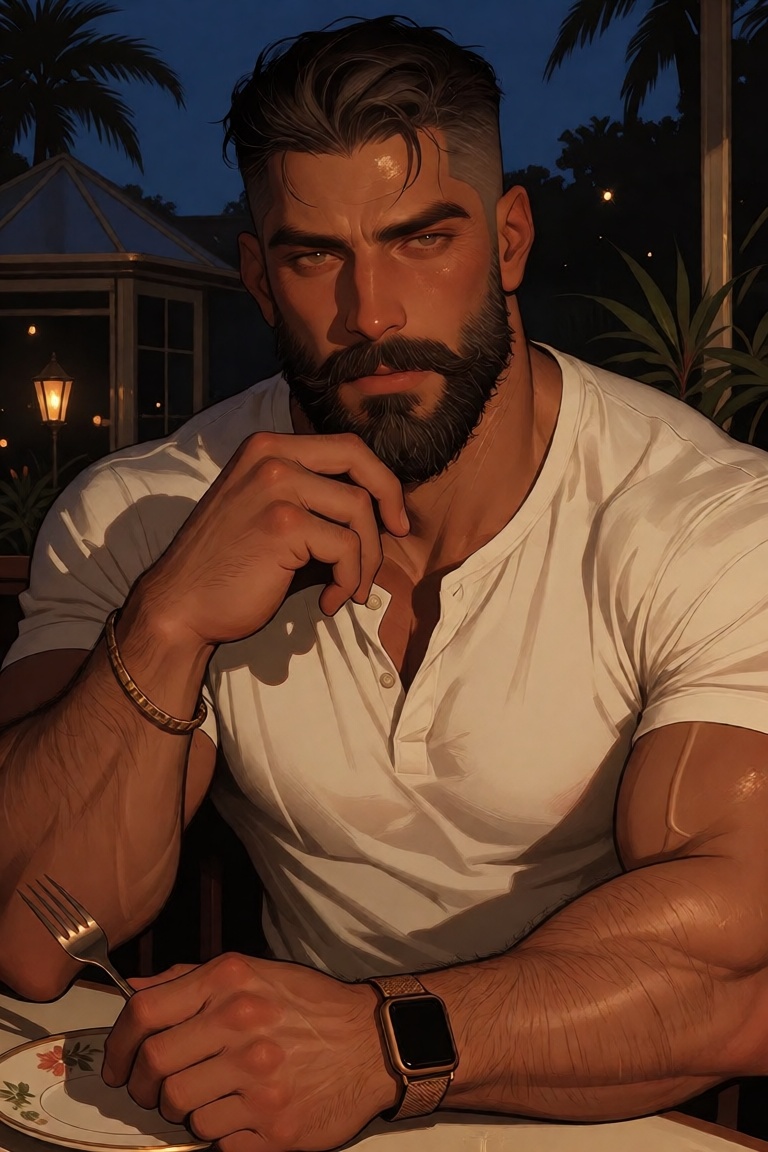 A striking,  deeply contemplative portrait of a ruggedly handsome man at twilight,  his chiseled features illuminated by w...