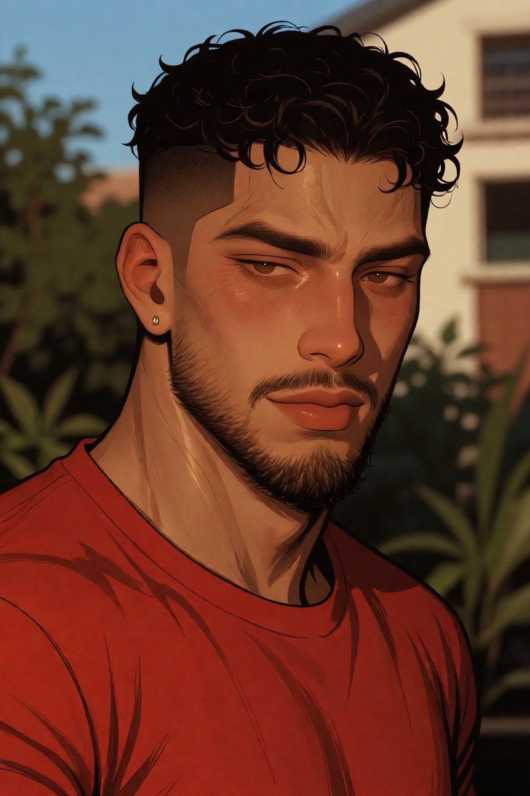 The image shows a person wearing a red shirt,  standing outdoors. The background is slightly blurred,  featuring greenery...
