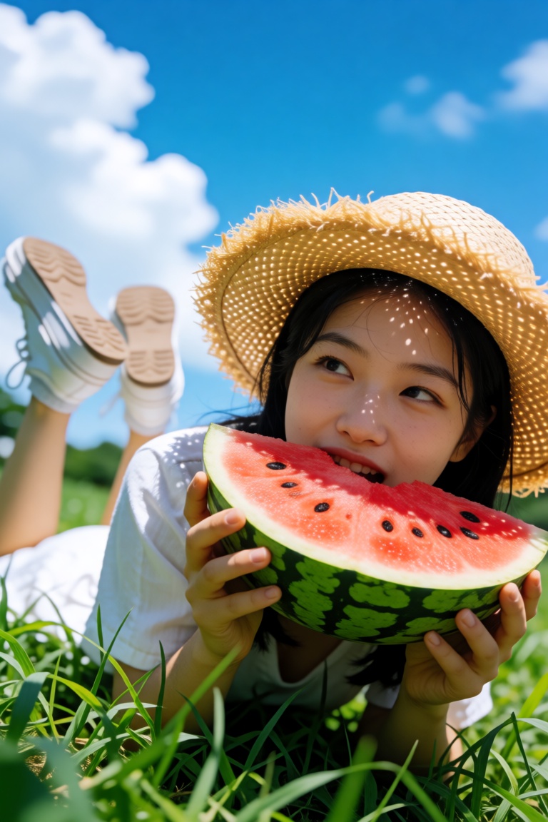 A low-angle shot looking up at a young Asian woman lying in lush green grass under a bright blue sky with fluffy white clo...