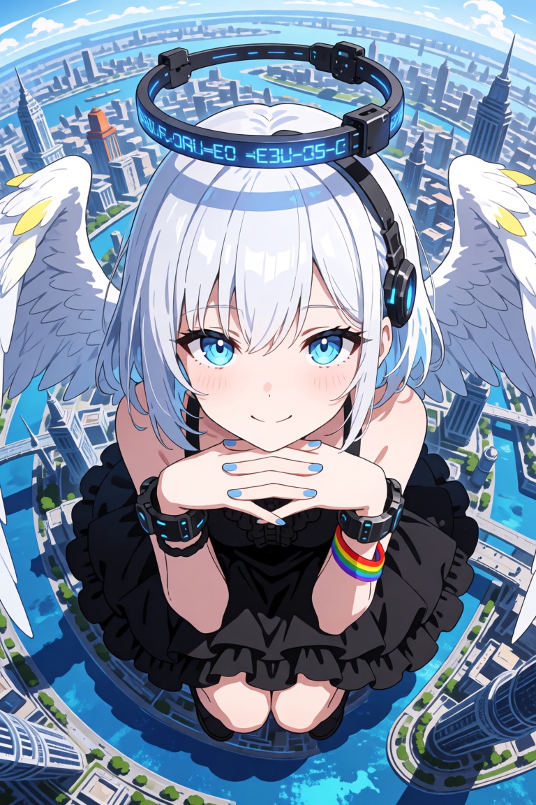 A high-angle fisheye shot looking down at a beautiful anime girl with short white hair and piercing blue eyes. She is rest...