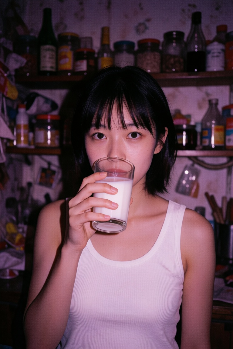 A realistic film-style portrait of a young Asian woman with short dark hair and straight bangs,  looking directly at the c...