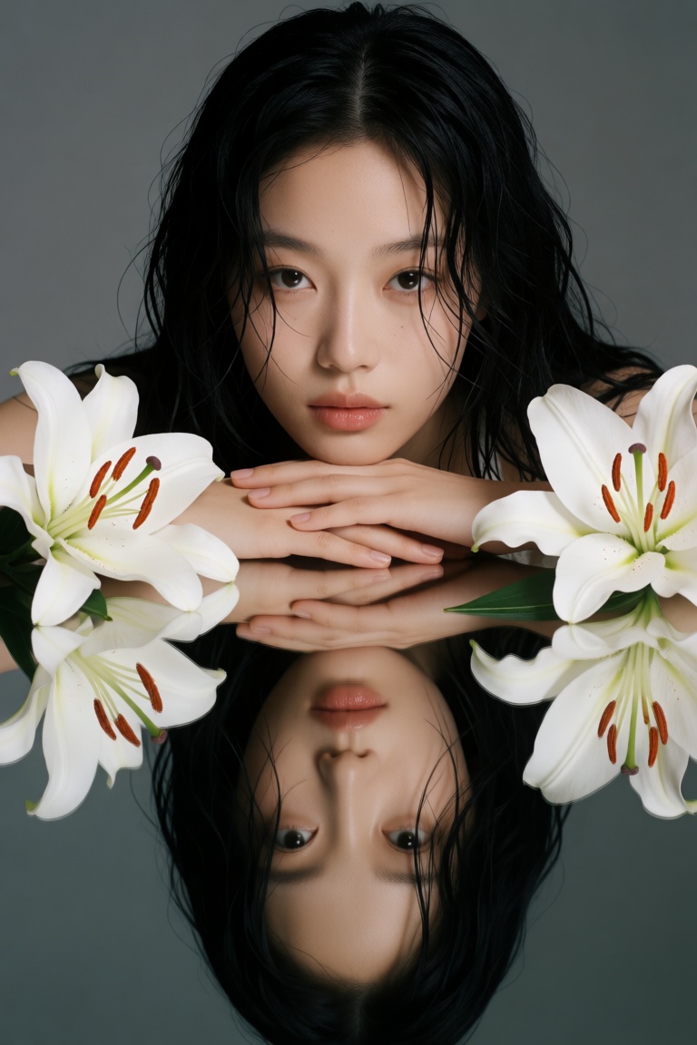 A high-fashion studio portrait of a beautiful young Asian woman with long,  wet,  messy black hair. She is resting her chi...