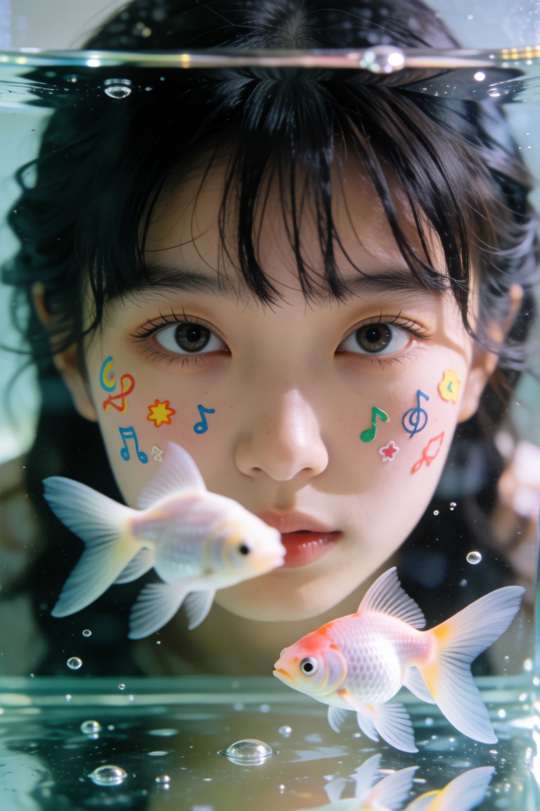A creative close-up portrait of a young Asian woman with dark hair and bangs,  looking through a glass water ****. Her fac...